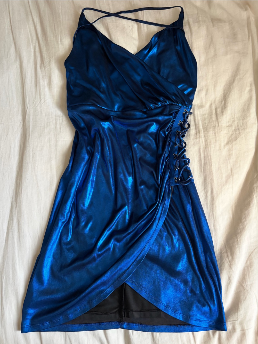 Guess Metallic Royal Blue Lace-Up Wrap Mini Dress
